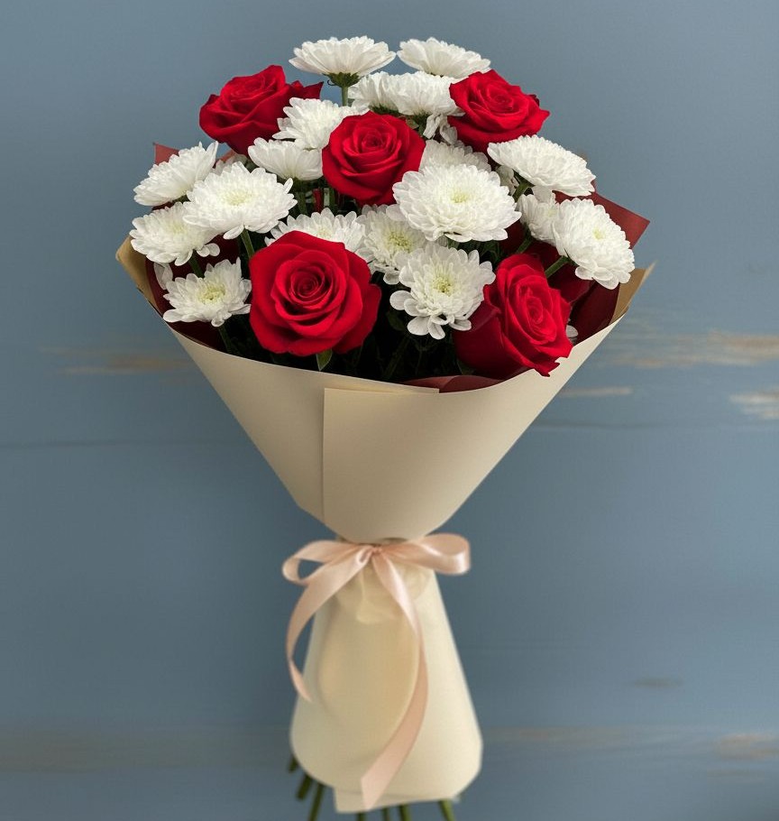 Букет романтическая гармония в Касимове Букет цветов из: Розы и Хризантемы в Касимове