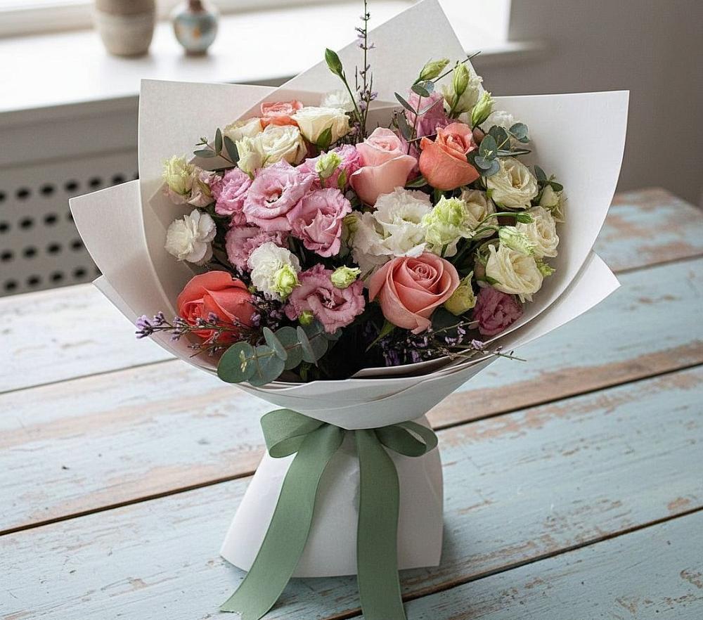 Букет далекие берега в Касимове Букет цветов из: Розы, Лизиантусы и Гвоздики в Касимове