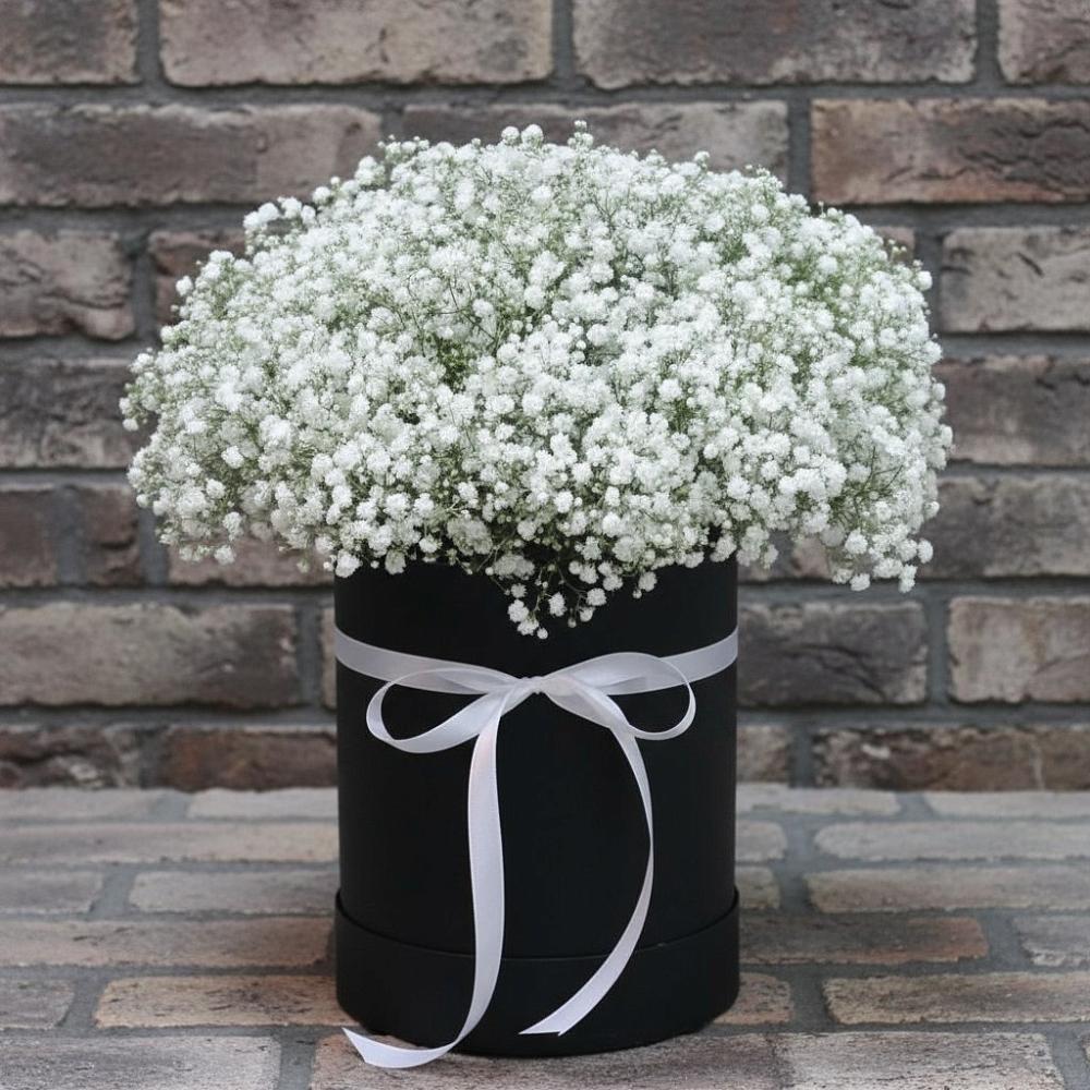 Композиция коробка гипсофил в Касимове Цветочная композиция из Гипсофила в шляпной коробке в Касимове