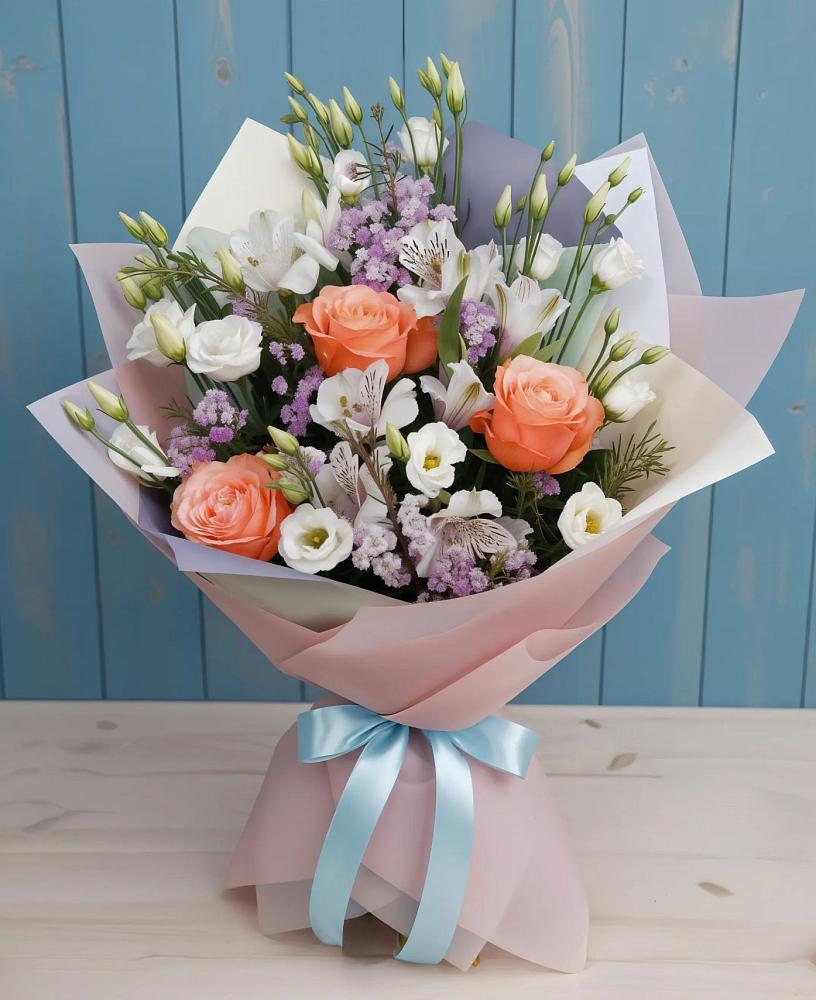 Букет цветов из: Лизиантусы, Розы, Альстромерии и Гипсофила в Касимове