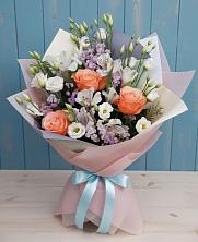 Букет Утренняя свежесть в Касимове Букет цветов из:  Лизиантусы, Розы, Альстромерии и Гипсофила в Касимове