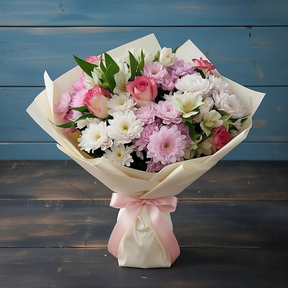 Букет Розовое очарование в Касимове Букет цветов из: Хризантемы, Альстромерии и Розы в Касимове